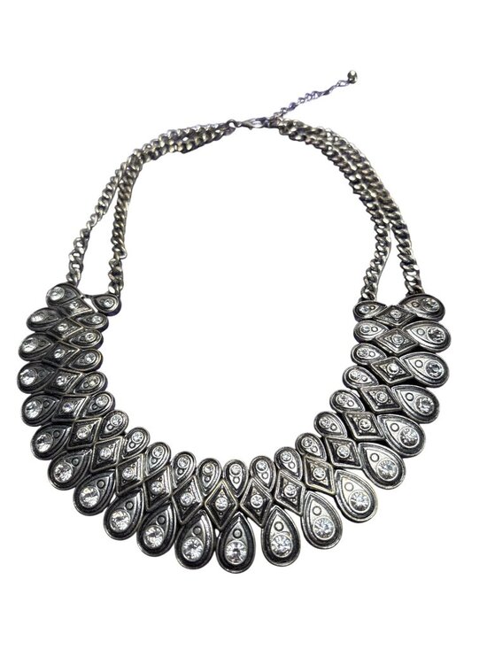 Jewelry - Silvertone Rhinestone Statement Bib Necklace Collar Some Metal Discoloration